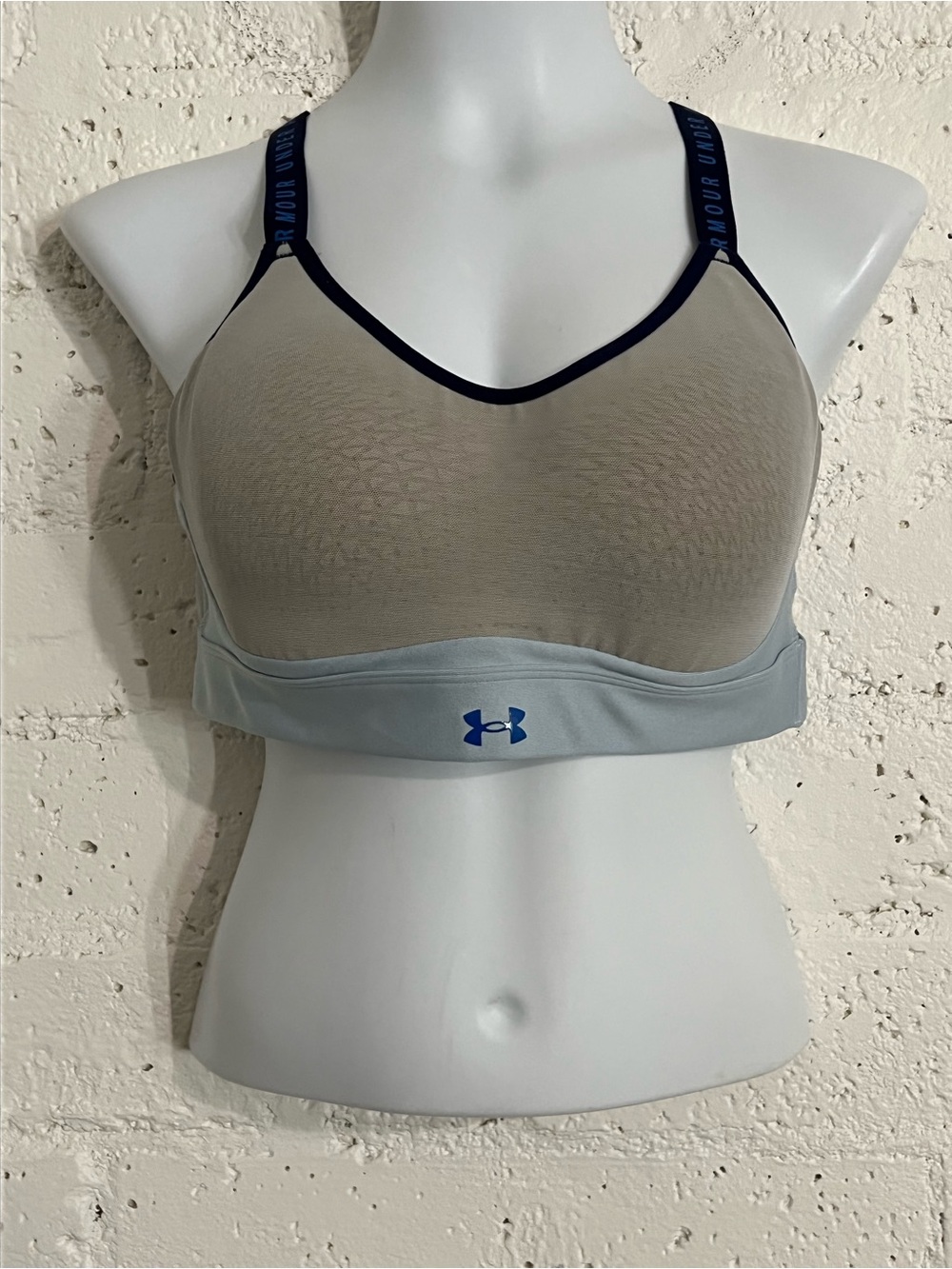 Under Armour Womens Sports Bra L Blue Gray Fitted Racer Back Adj Straps E17